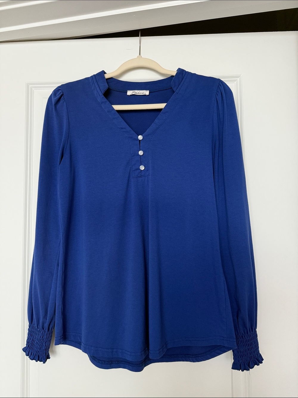 Amazon Royal Blue Long Sleeve V-Neck Top with Pearl Buttons